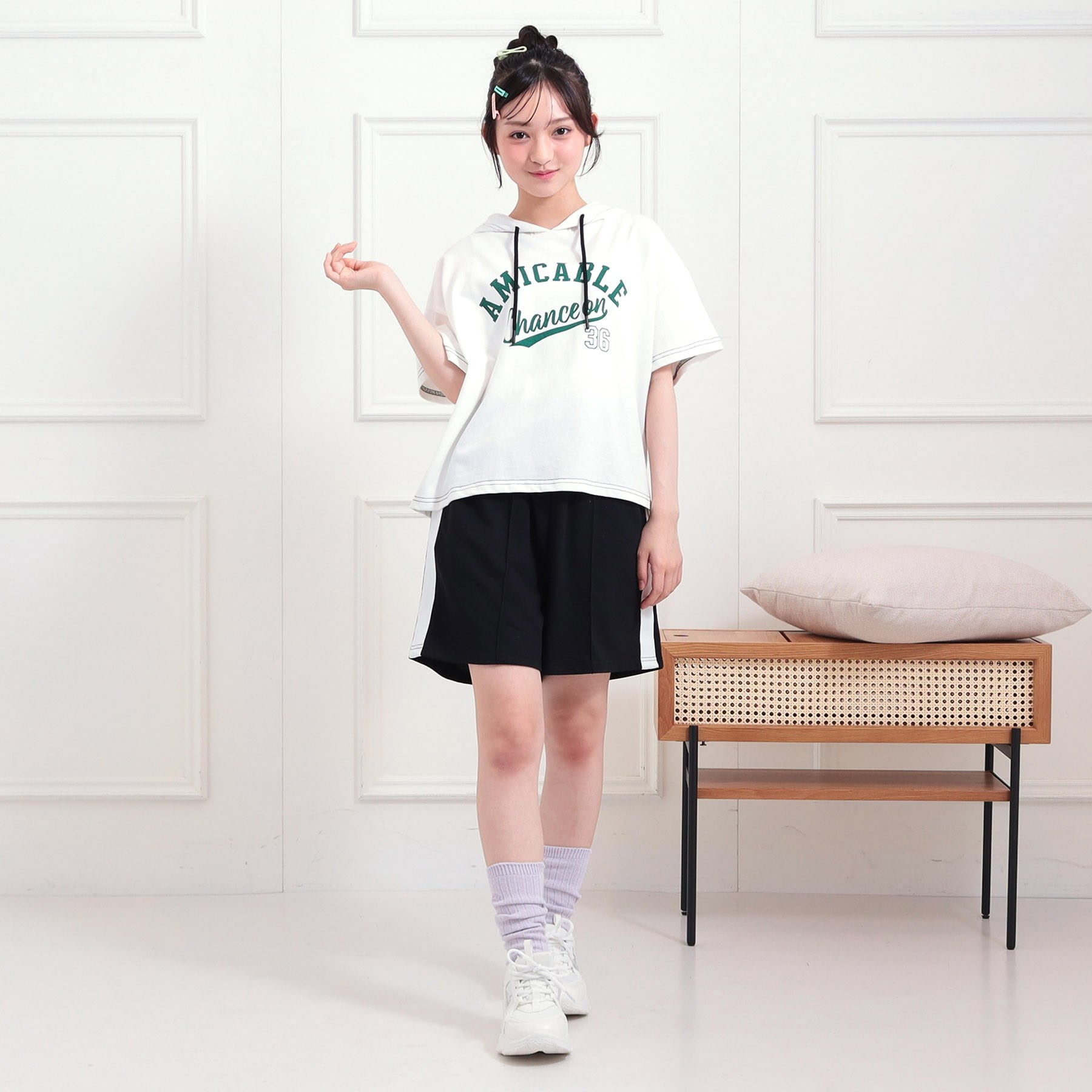 ピンク ラテ PINK-latte 【セットアップアイテム】接触冷感半袖パーカー＋ハーフパンツセット （オフホワイト(003)） オフホワイト(003)