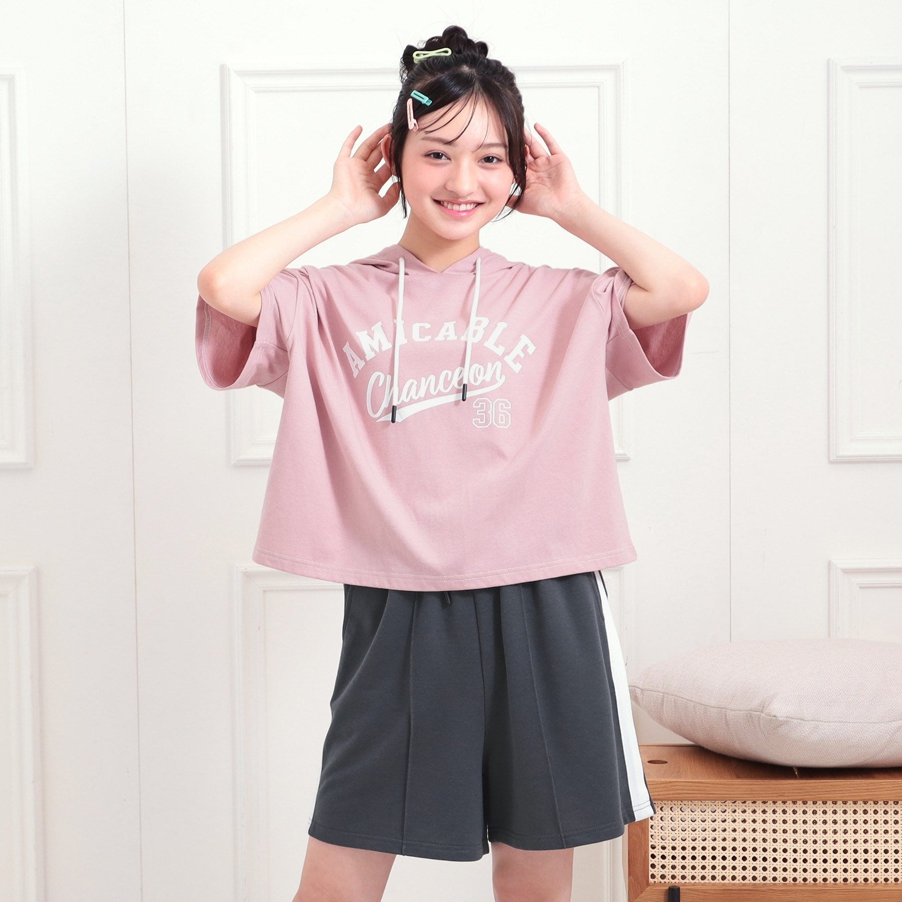 ピンク ラテ PINK-latte 【セットアップアイテム】接触冷感半袖パーカー＋ハーフパンツセット （ライトピンク(070)） ライトピンク(070)