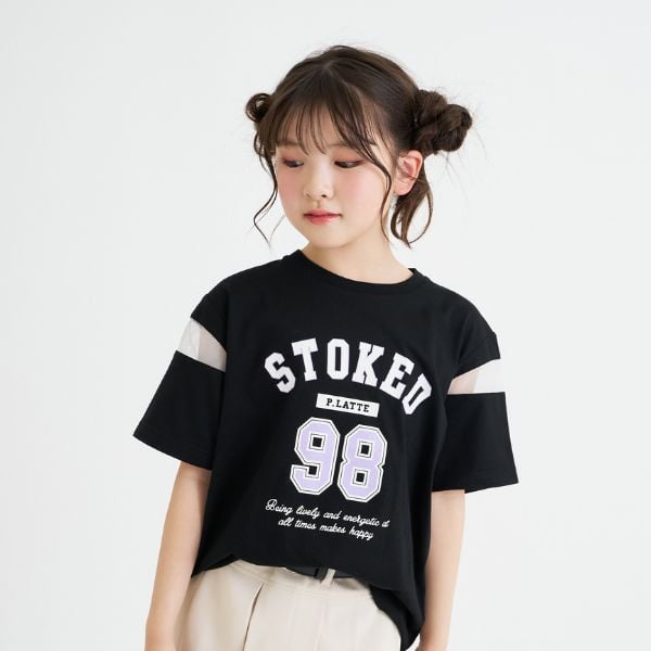 ピンク ラテ PINK-latte 袖チュール切替ナンバリング半袖Tシャツ （黒） 黒
