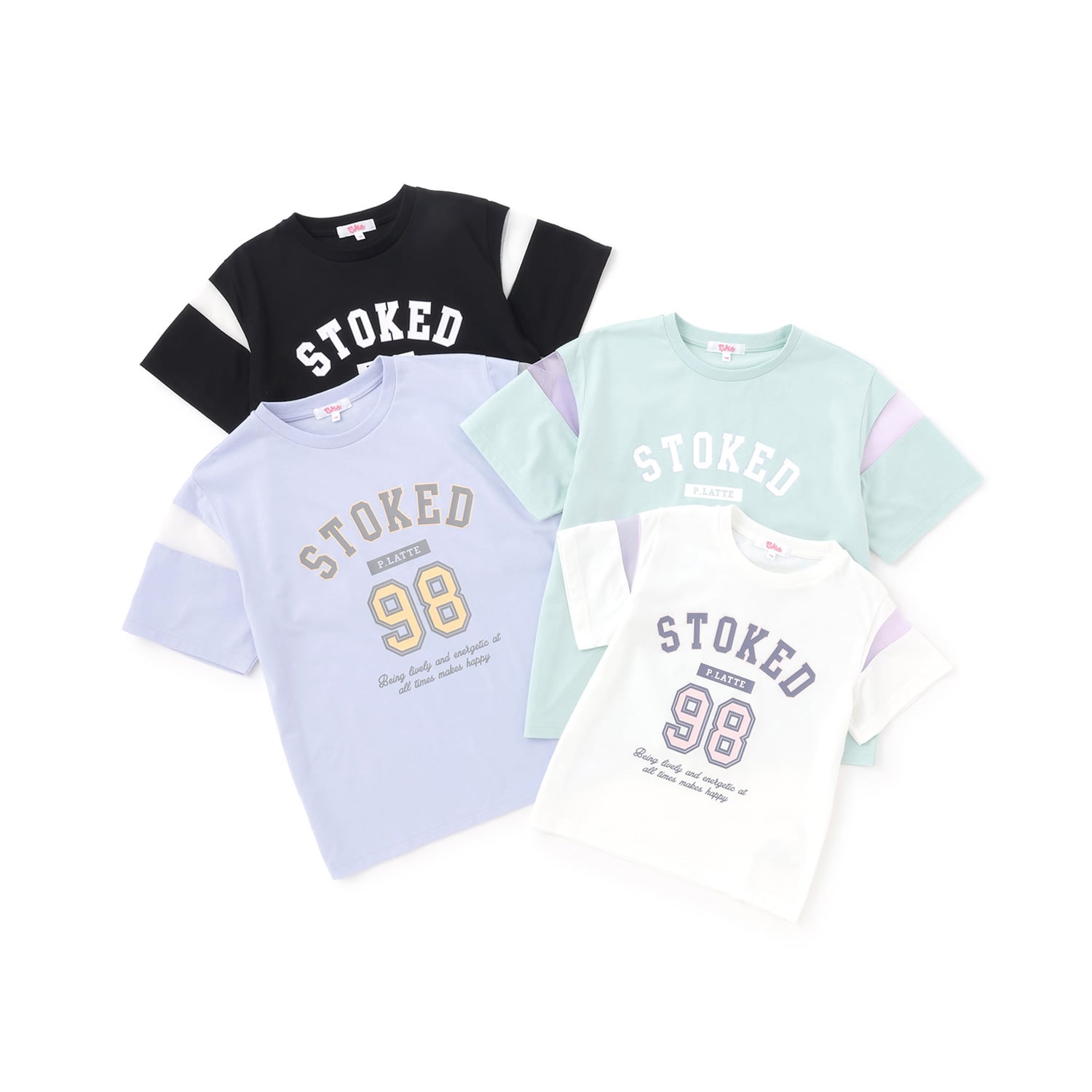 ピンク ラテ PINK-latte 袖チュール切替ナンバリング半袖Tシャツ （黒） 黒