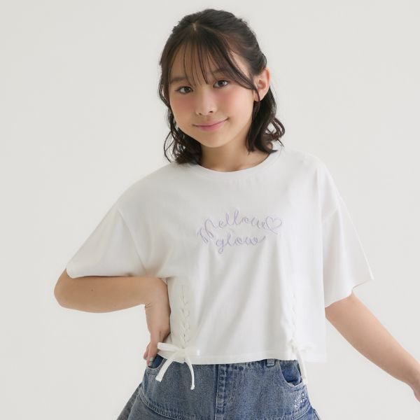 ピンク ラテ PINK-latte アソート柄レースアップ半袖Tシャツ （オフ ホワイト） オフ ホワイト