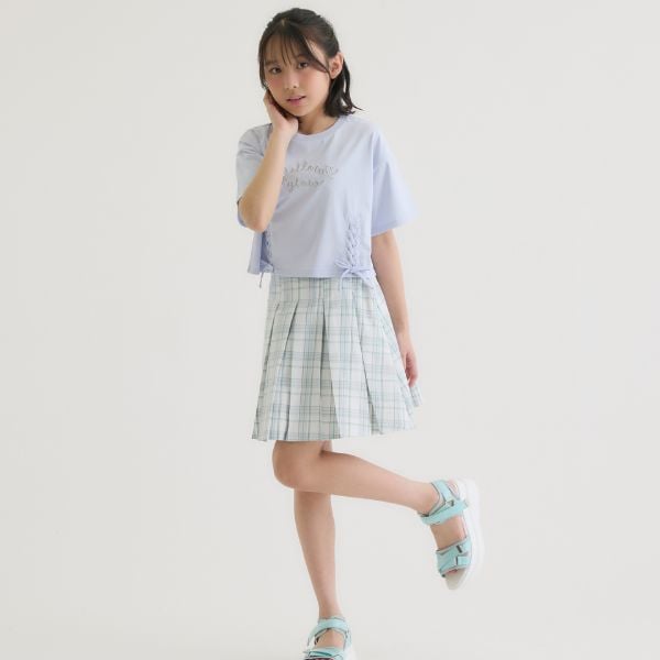 ピンク ラテ PINK-latte アソート柄レースアップ半袖Tシャツ （オフ ホワイト） オフ ホワイト