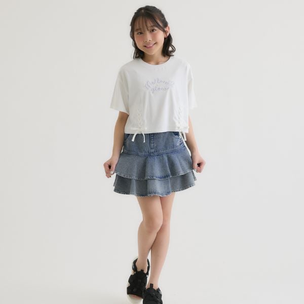 ピンク ラテ PINK-latte アソート柄レースアップ半袖Tシャツ （オフ ホワイト） オフ ホワイト
