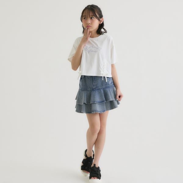 ピンク ラテ PINK-latte アソート柄レースアップ半袖Tシャツ （オフ ホワイト） オフ ホワイト