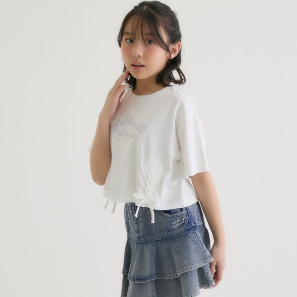ピンク ラテ PINK-latte アソート柄レースアップ半袖Tシャツ （オフ ホワイト） オフ ホワイト