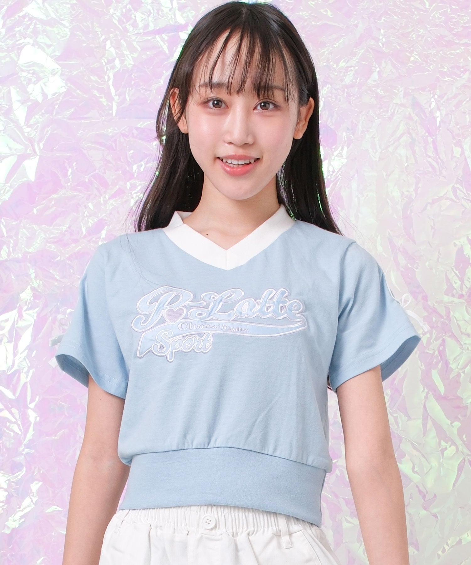 ピンク ラテ PINK-latte PINK latte SPORT 袖リボンラインショート丈Tシャツ （41/サックス） 41/サックス