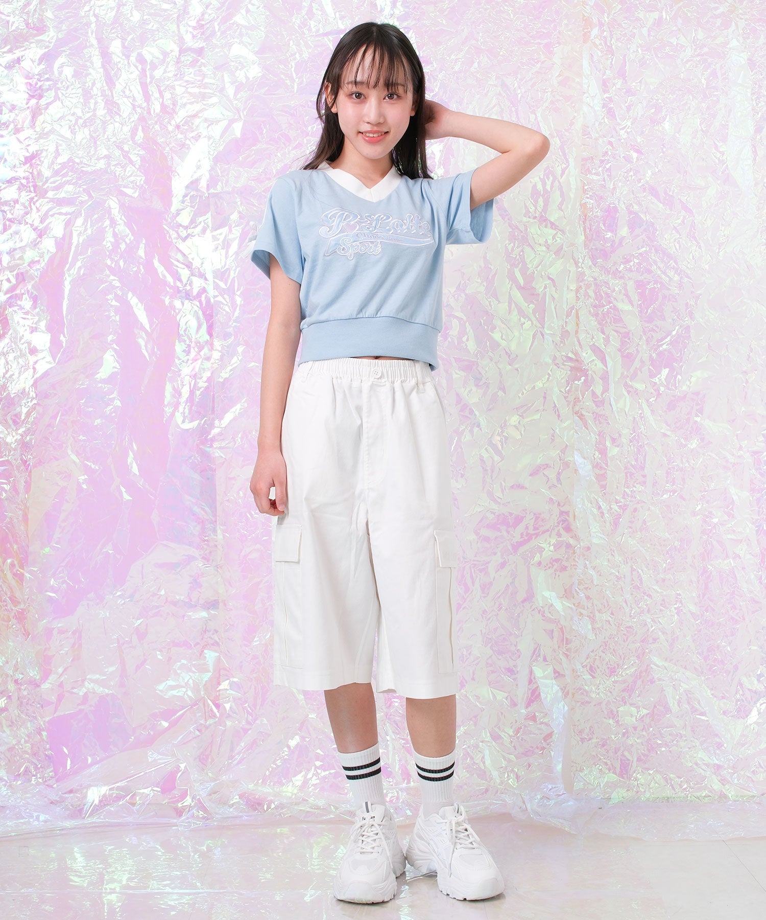 ピンク ラテ PINK-latte PINK latte SPORT 袖リボンラインショート丈Tシャツ （41/サックス） 41/サックス