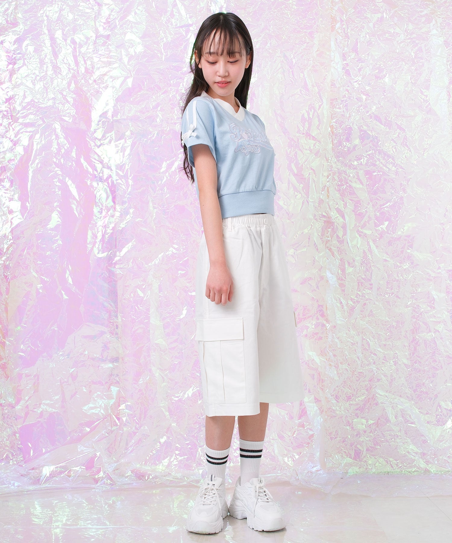 ピンク ラテ PINK-latte PINK latte SPORT 袖リボンラインショート丈Tシャツ （41/サックス） 41/サックス