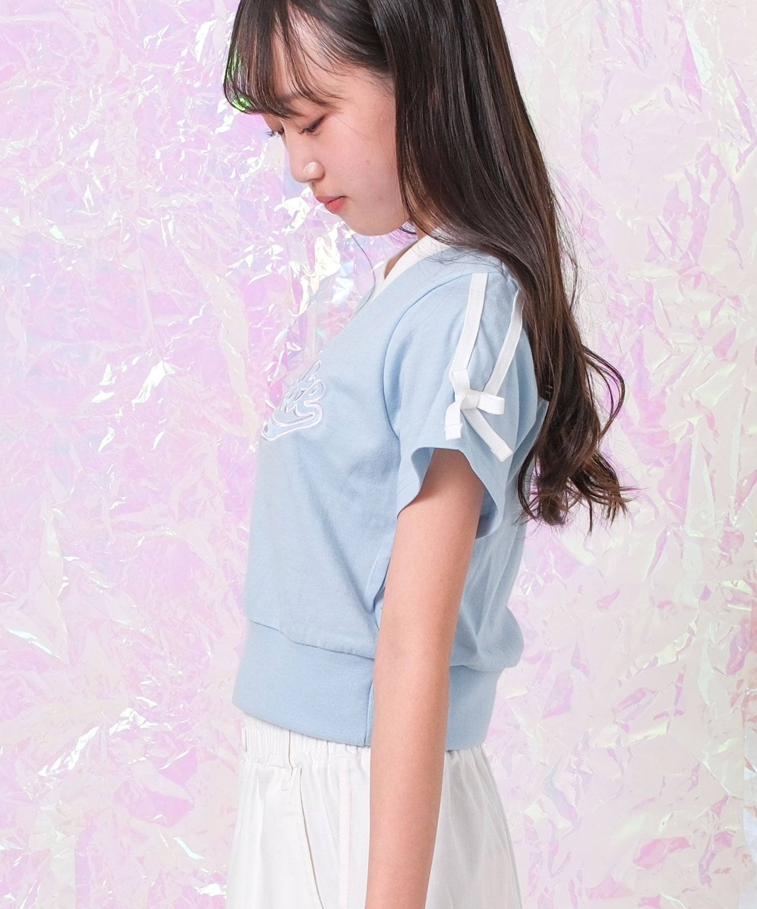 ピンク ラテ PINK-latte PINK latte SPORT 袖リボンラインショート丈Tシャツ （41/サックス） 41/サックス