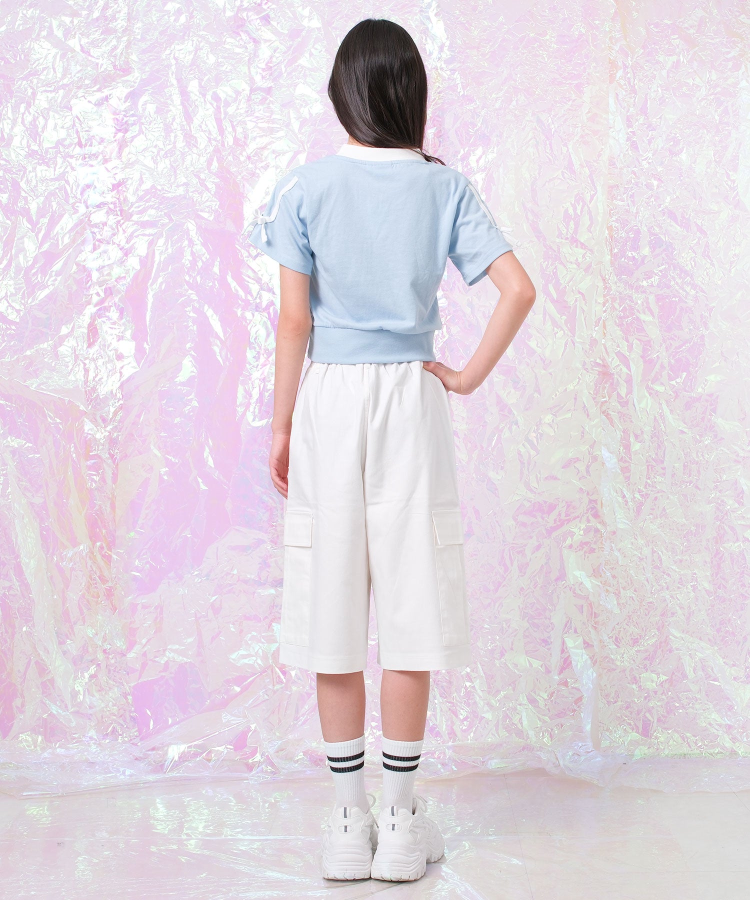ピンク ラテ PINK-latte PINK latte SPORT 袖リボンラインショート丈Tシャツ （41/サックス） 41/サックス