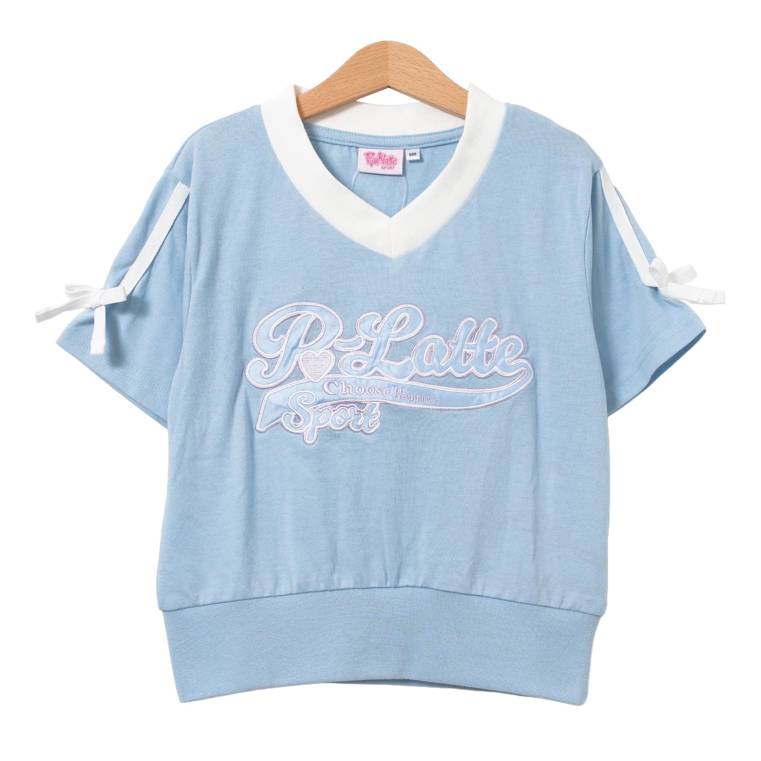 ピンク ラテ PINK-latte PINK latte SPORT 袖リボンラインショート丈Tシャツ （41/サックス） 41/サックス