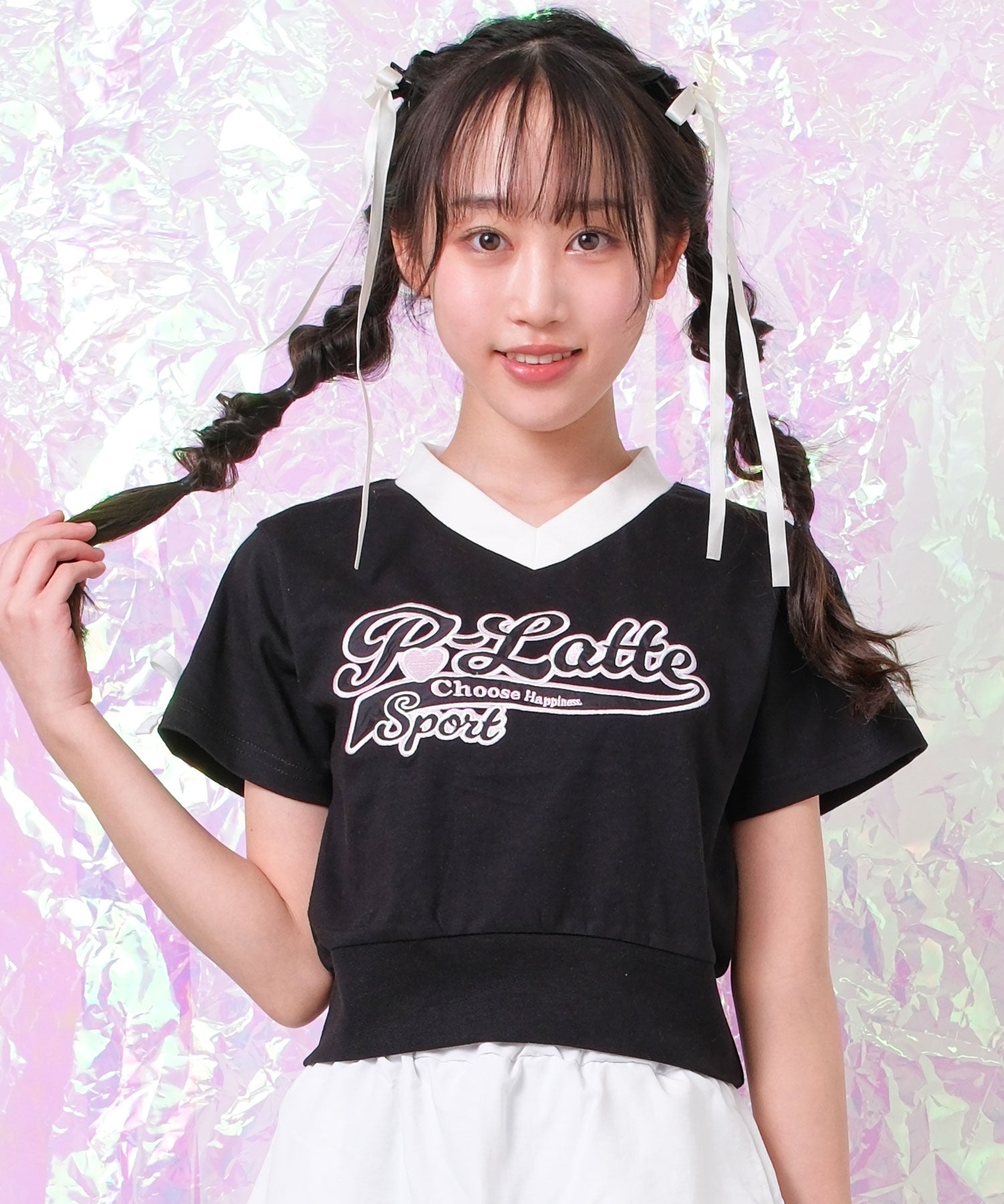 ピンク ラテ PINK-latte PINK latte SPORT 袖リボンラインショート丈Tシャツ （05/ブラック） 05/ブラック