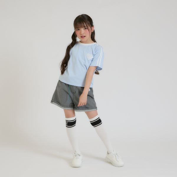 ピンク ラテ PINK-latte 【接触冷感】ハート袖ライン半袖Tシャツ （サックス） サックス