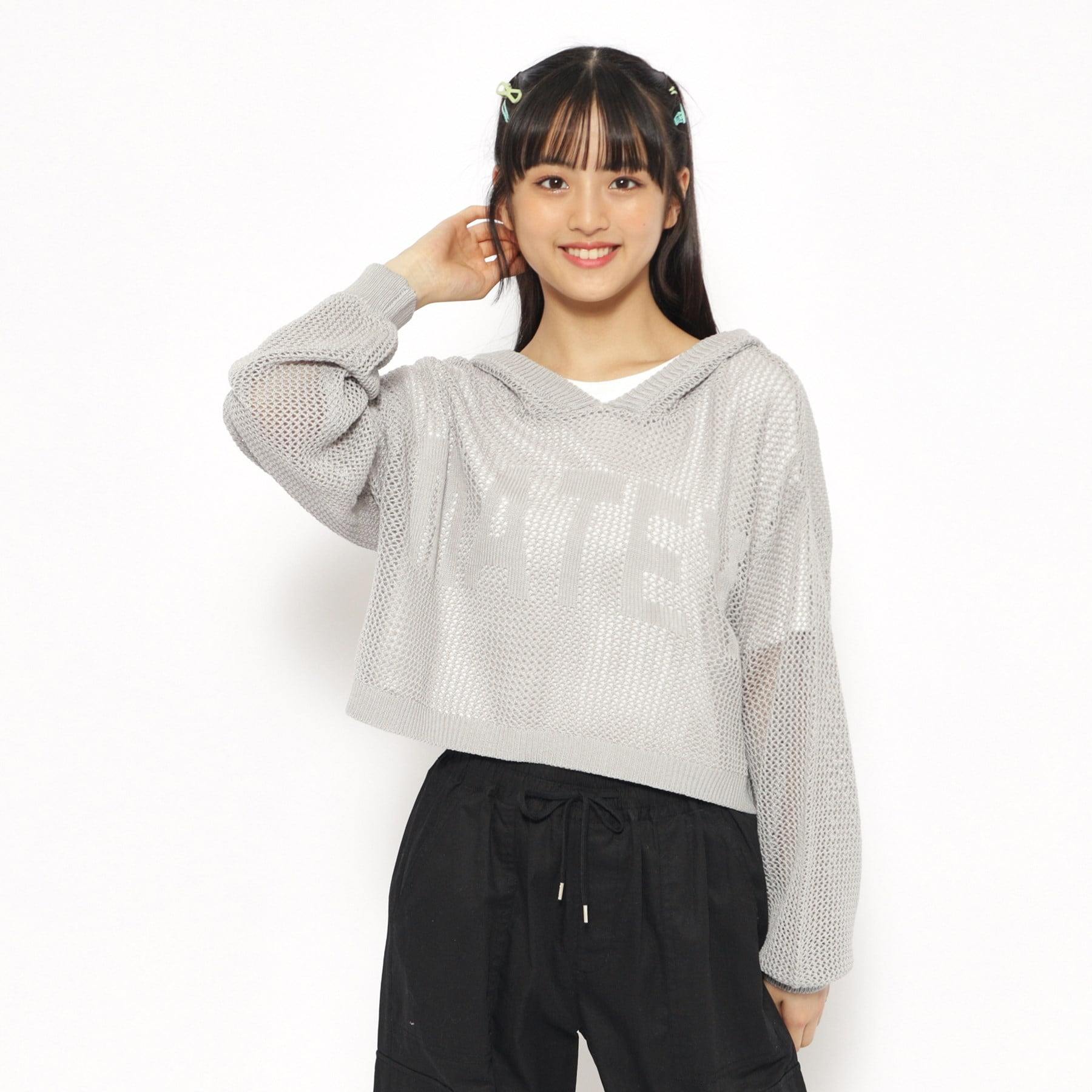 ピンク ラテ PINK-latte 【2点SET・洗える】フードロゴメッシュニット,ライトグレー(011)