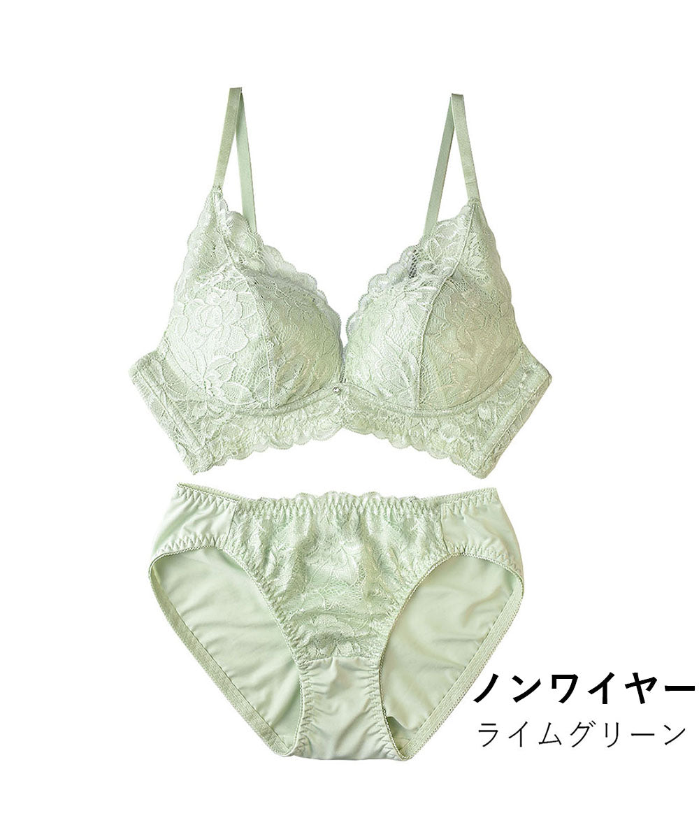 ピンクピンクピンク PINK PINK PINK ストレッチレース ノンワイヤーブラ＆ショーツセット【返品不可商品】,ライムグリーン