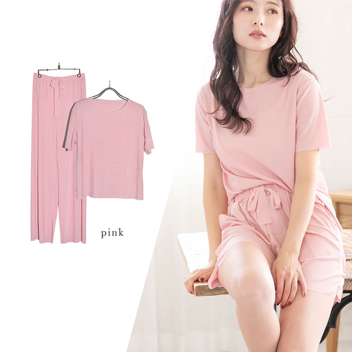 ピンクピンクピンク PINK PINK PINK 2タイプから選べる 接触冷感 半袖 上下セット ルームウェア パジャマ(ショートパンツ ロングパンツ) レディース （ピンク） ピンク