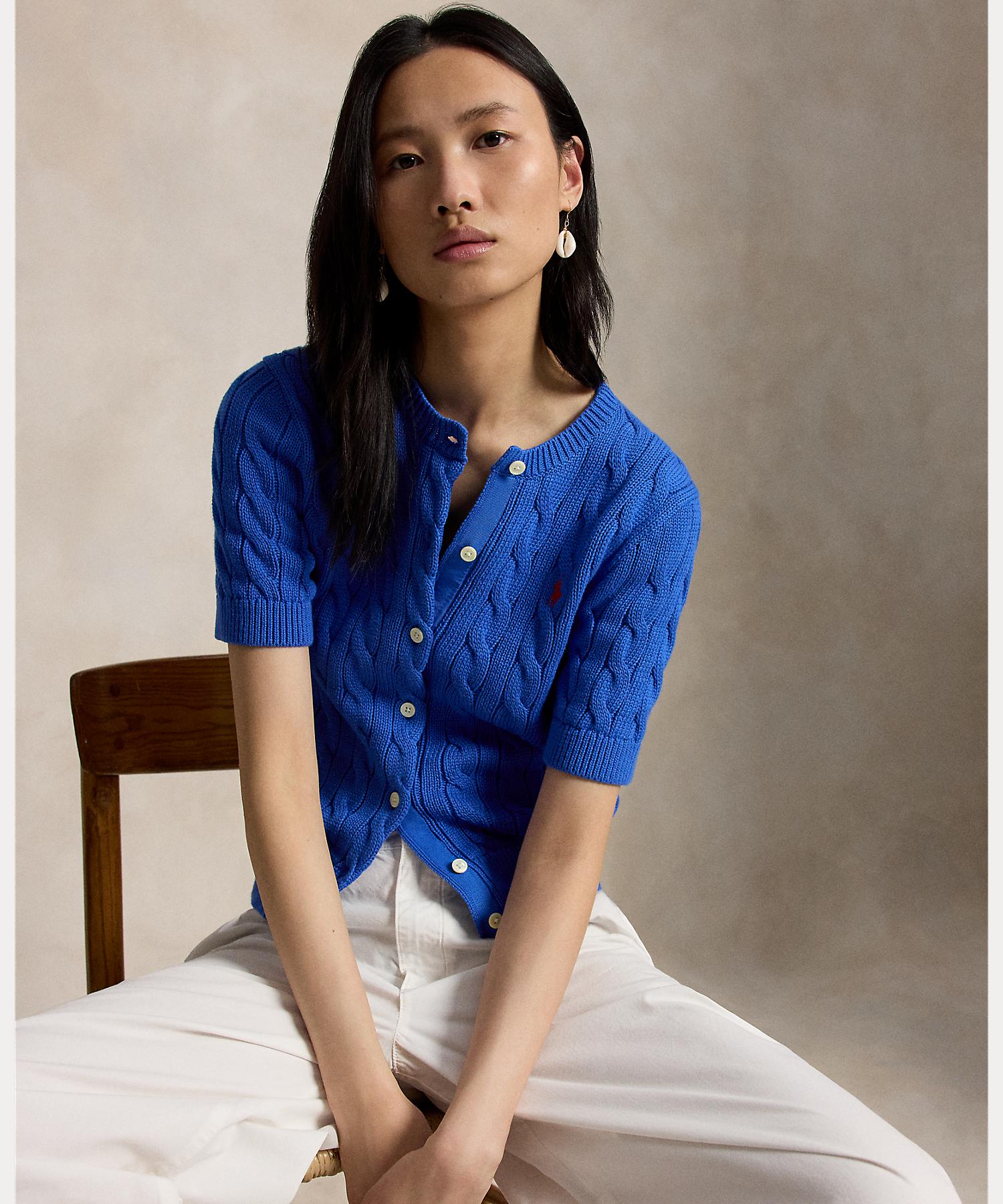 ポロ ラルフ ローレン POLO RALPH LAUREN ケーブルニット コットン ショートスリーブ カーディガン （400ブルー） 400ブルー