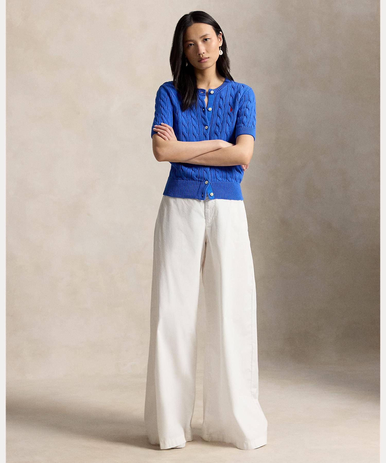 ポロ ラルフ ローレン POLO RALPH LAUREN ケーブルニット コットン ショートスリーブ カーディガン （400ブルー） 400ブルー