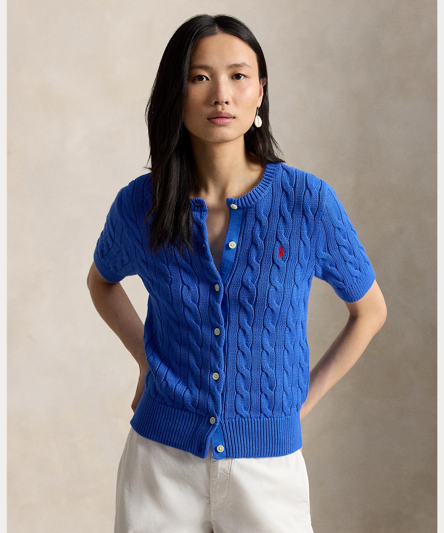 ポロ ラルフ ローレン POLO RALPH LAUREN ケーブルニット コットン ショートスリーブ カーディガン （400ブルー） 400ブルー