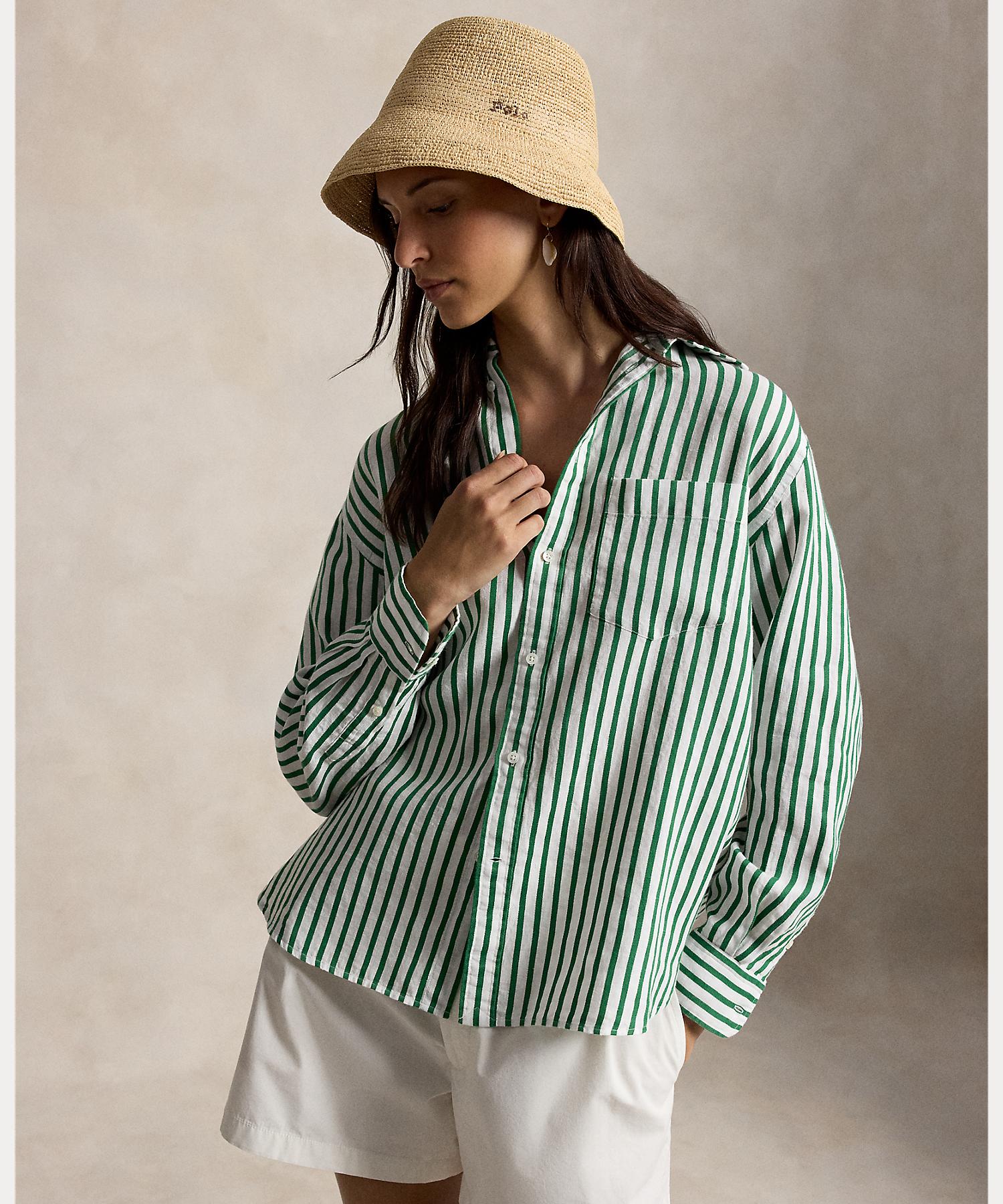 ポロ ラルフ ローレン POLO RALPH LAUREN オーバーサイズ フィット ストライプド リネンコットン シャツ （100ホワイト） 100ホワイト