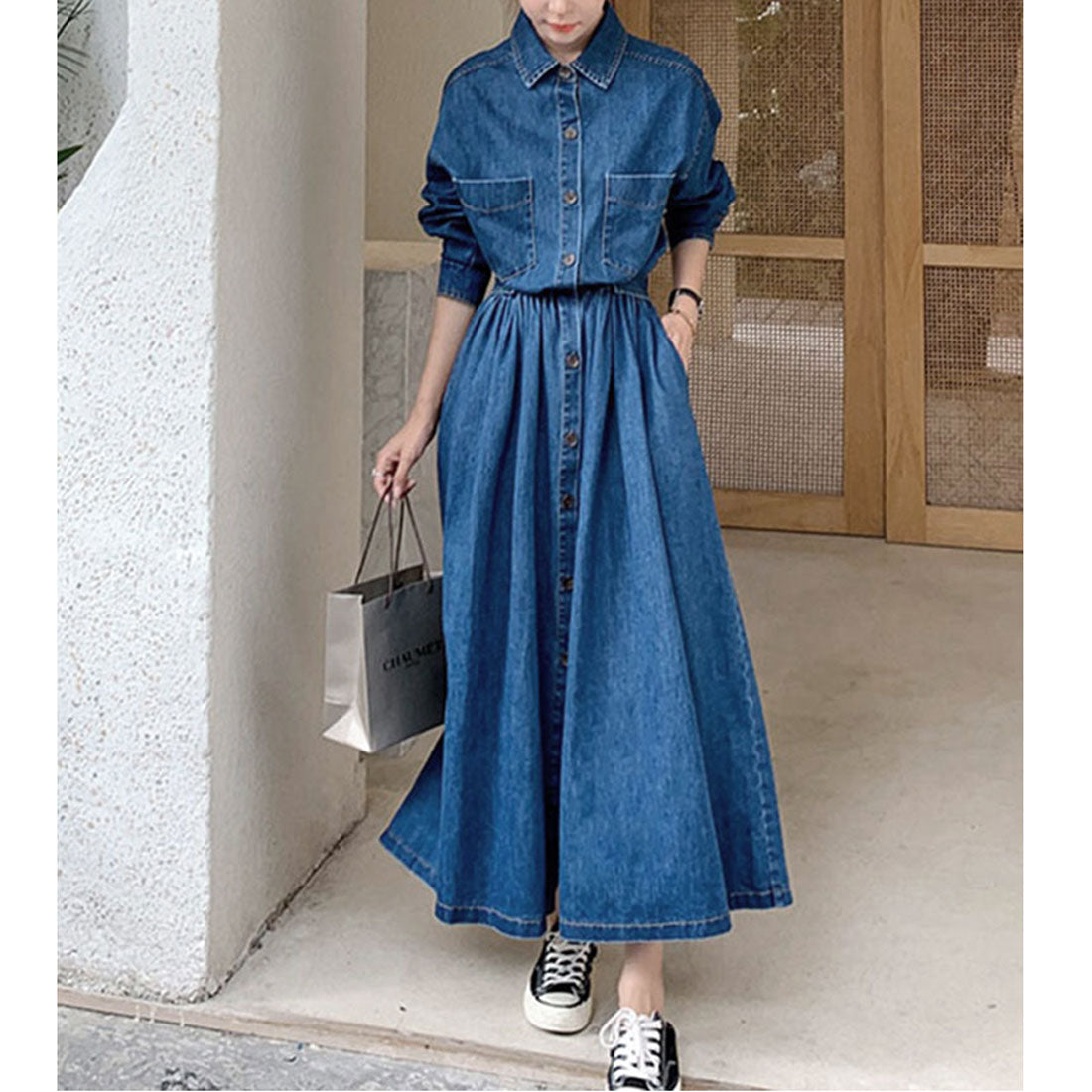 Private Beach Privatebeach Waist-marked denim shirt long dress