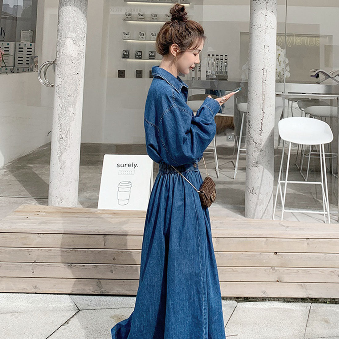 Private Beach Privatebeach Waist-marked denim shirt long dress