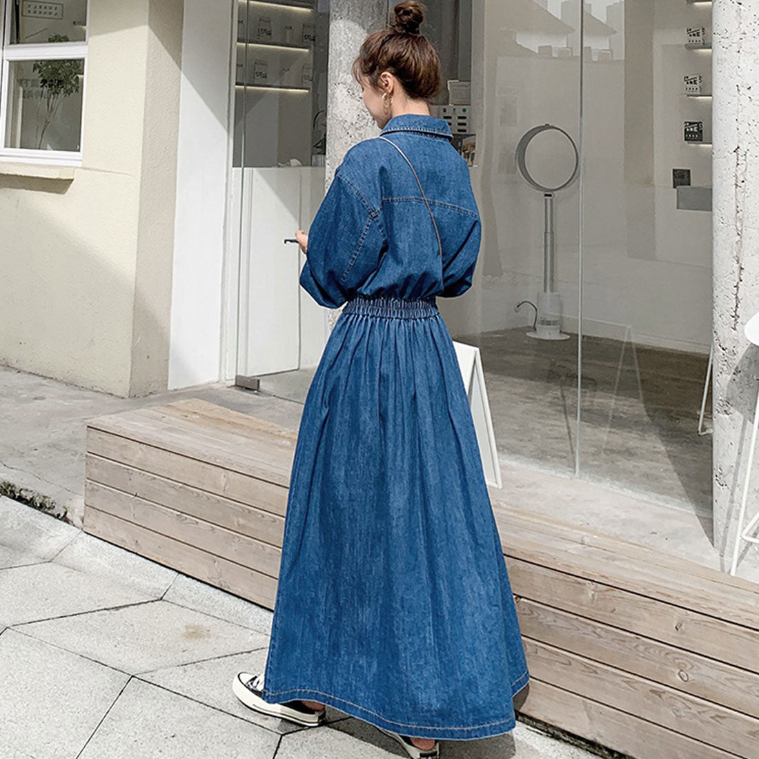 Private Beach Privatebeach Waist-marked denim shirt long dress