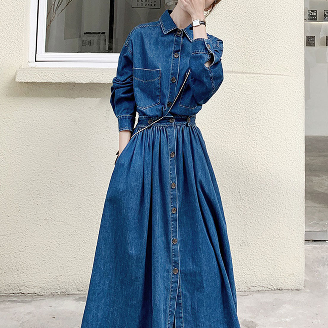 Private Beach Privatebeach Waist-marked denim shirt long dress