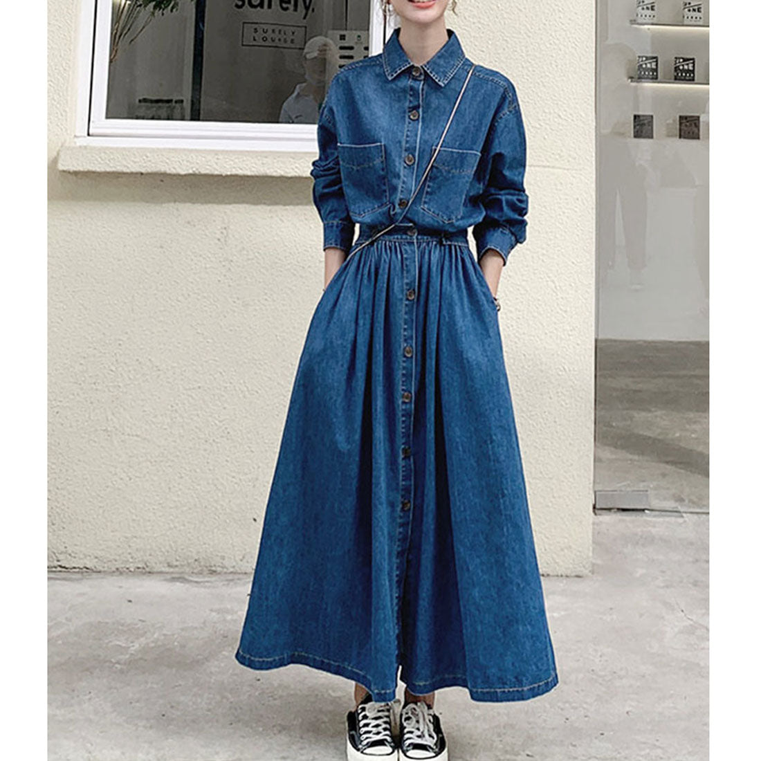 Private Beach Privatebeach Waist-marked denim shirt long dress