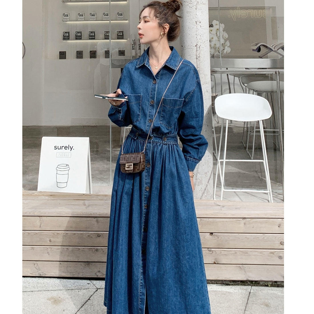 Private Beach Privatebeach Waist-marked denim shirt long dress