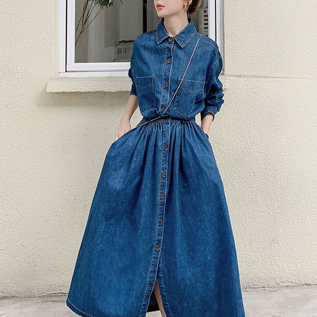 Private Beach Privatebeach Waist-marked denim shirt long dress