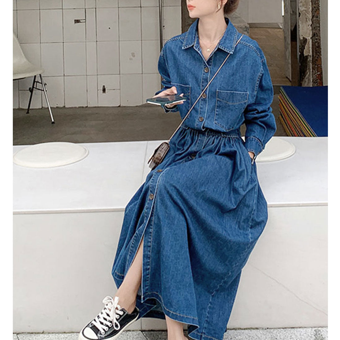 Private Beach Privatebeach Waist-marked denim shirt long dress