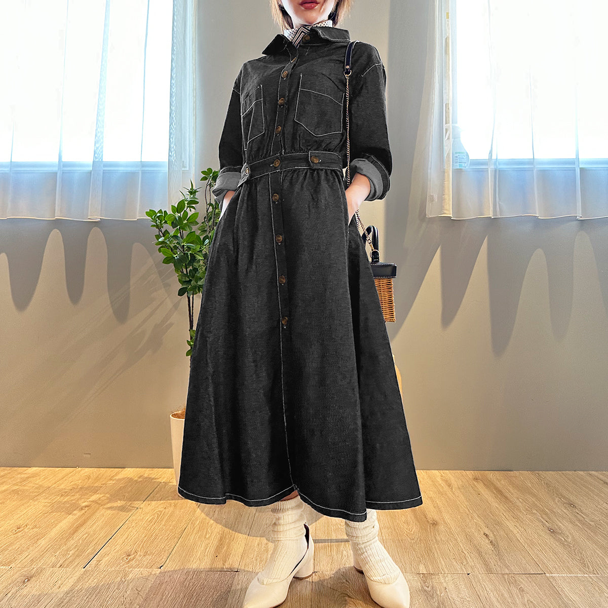 Private Beach Privatebeach Waist-marked denim shirt long dress