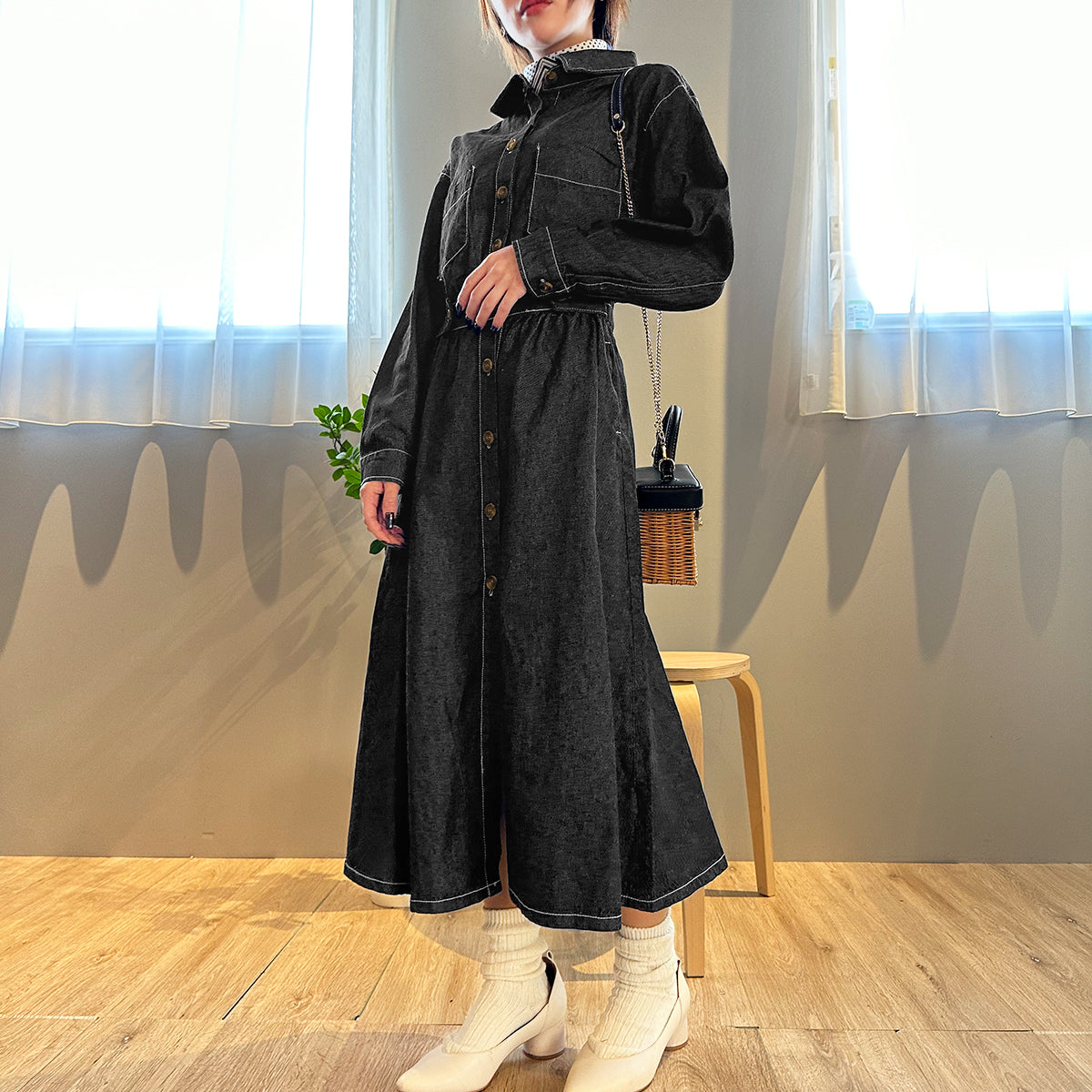 Private Beach Privatebeach Waist-marked denim shirt long dress