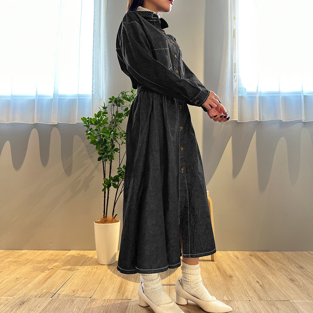 Private Beach Privatebeach Waist-marked denim shirt long dress