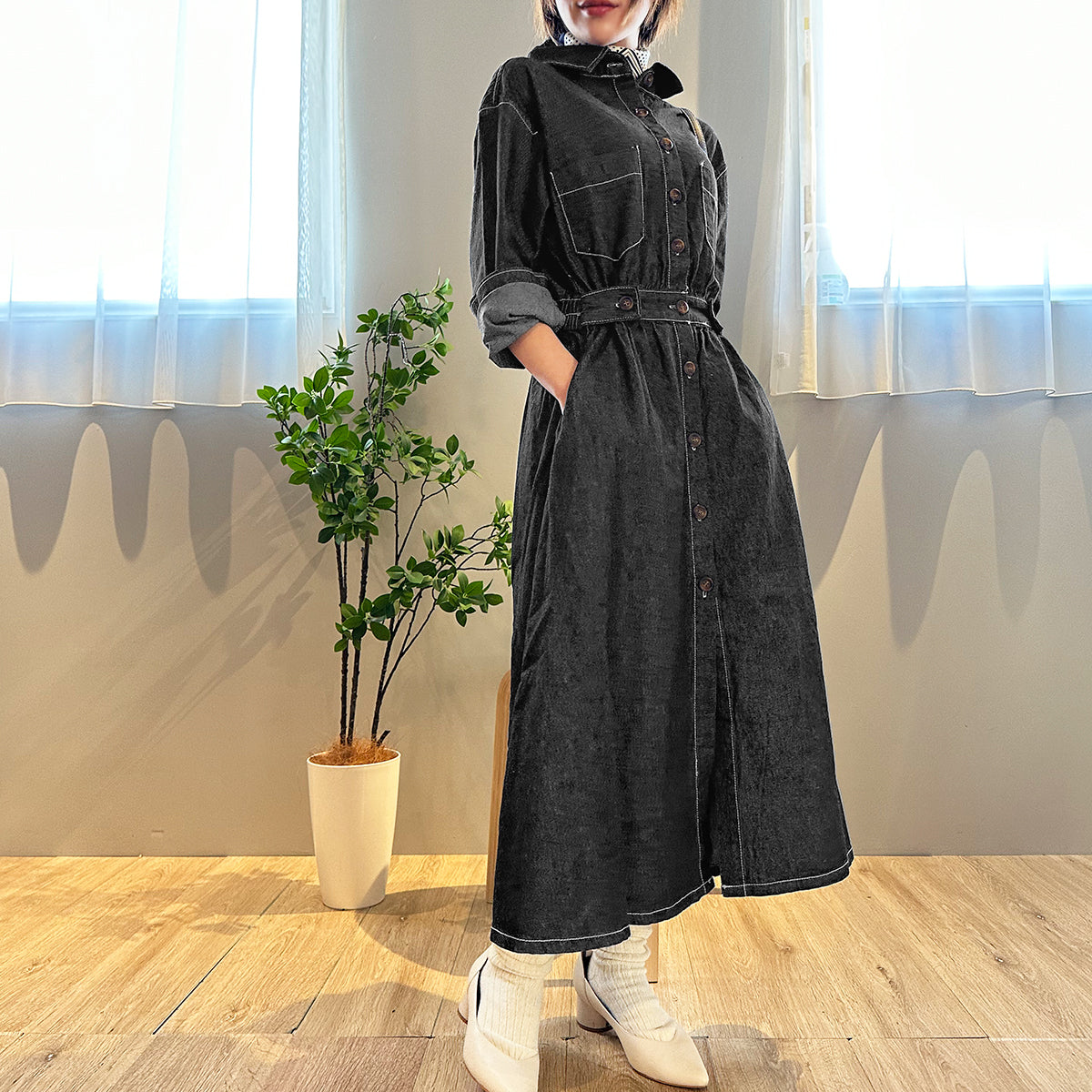 Private Beach Privatebeach Waist-marked denim shirt long dress