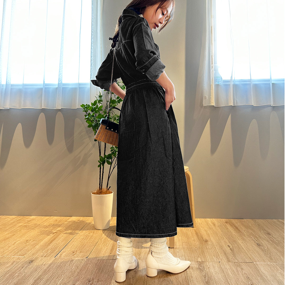 Private Beach Privatebeach Waist-marked denim shirt long dress