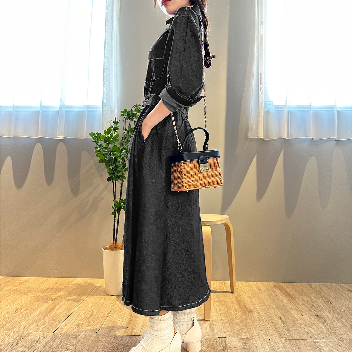 Private Beach Privatebeach Waist-marked denim shirt long dress