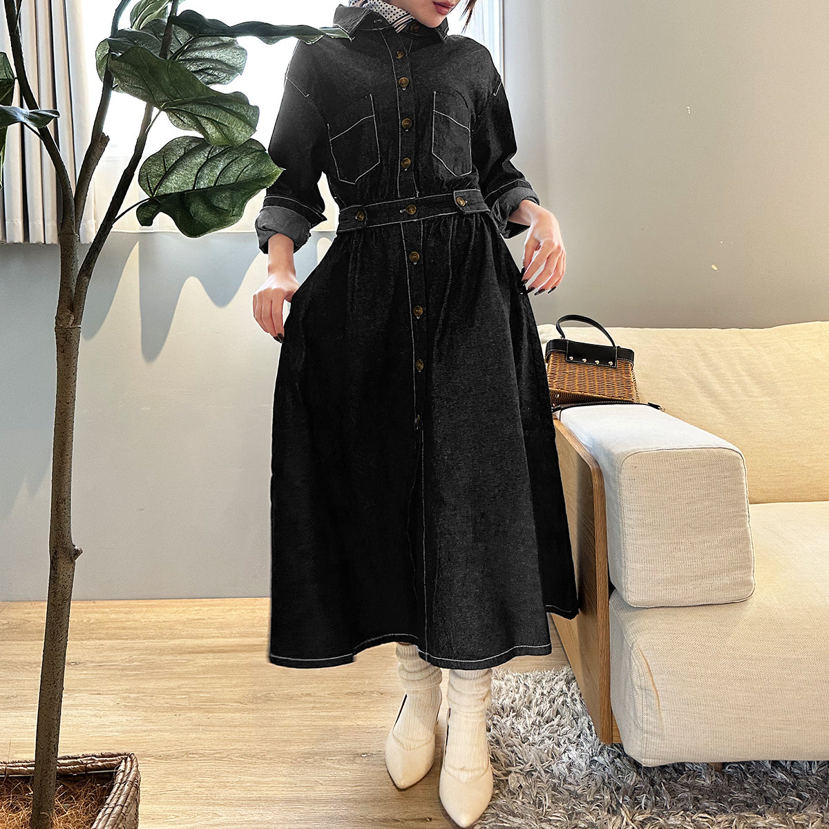 Private Beach Privatebeach Waist-marked denim shirt long dress