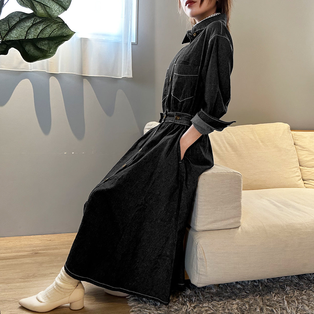 Private Beach Privatebeach Waist-marked denim shirt long dress