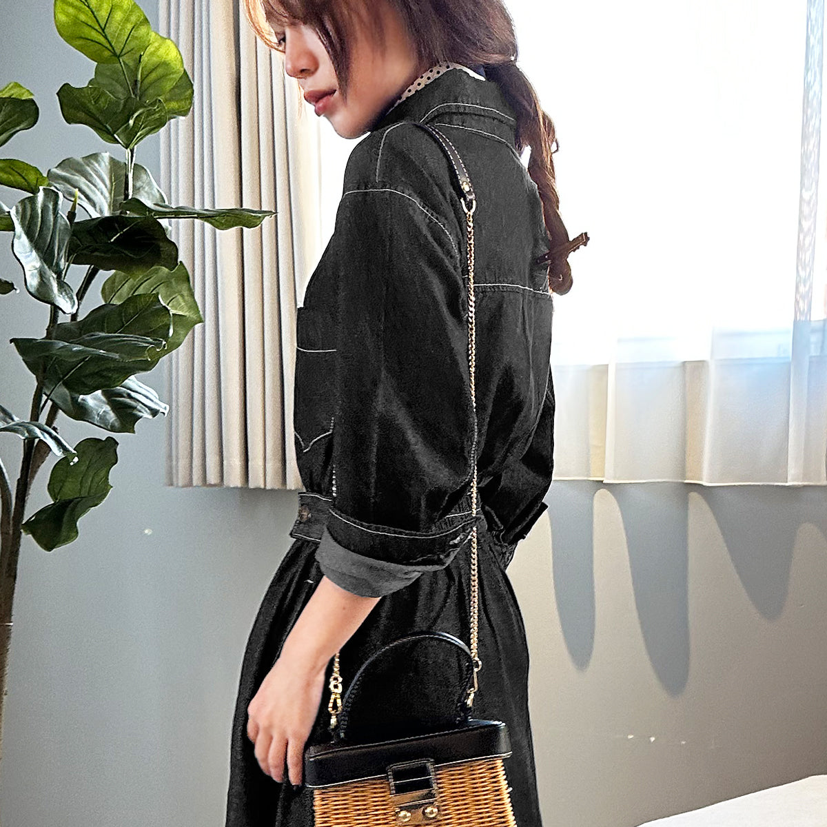 Private Beach Privatebeach Waist-marked denim shirt long dress