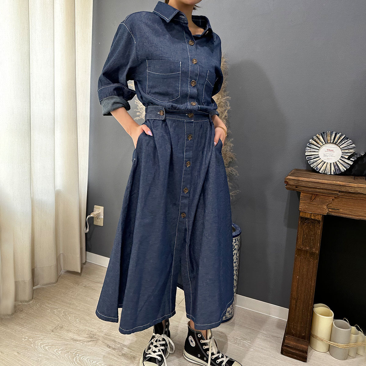 Private Beach Privatebeach Waist-marked denim shirt long dress