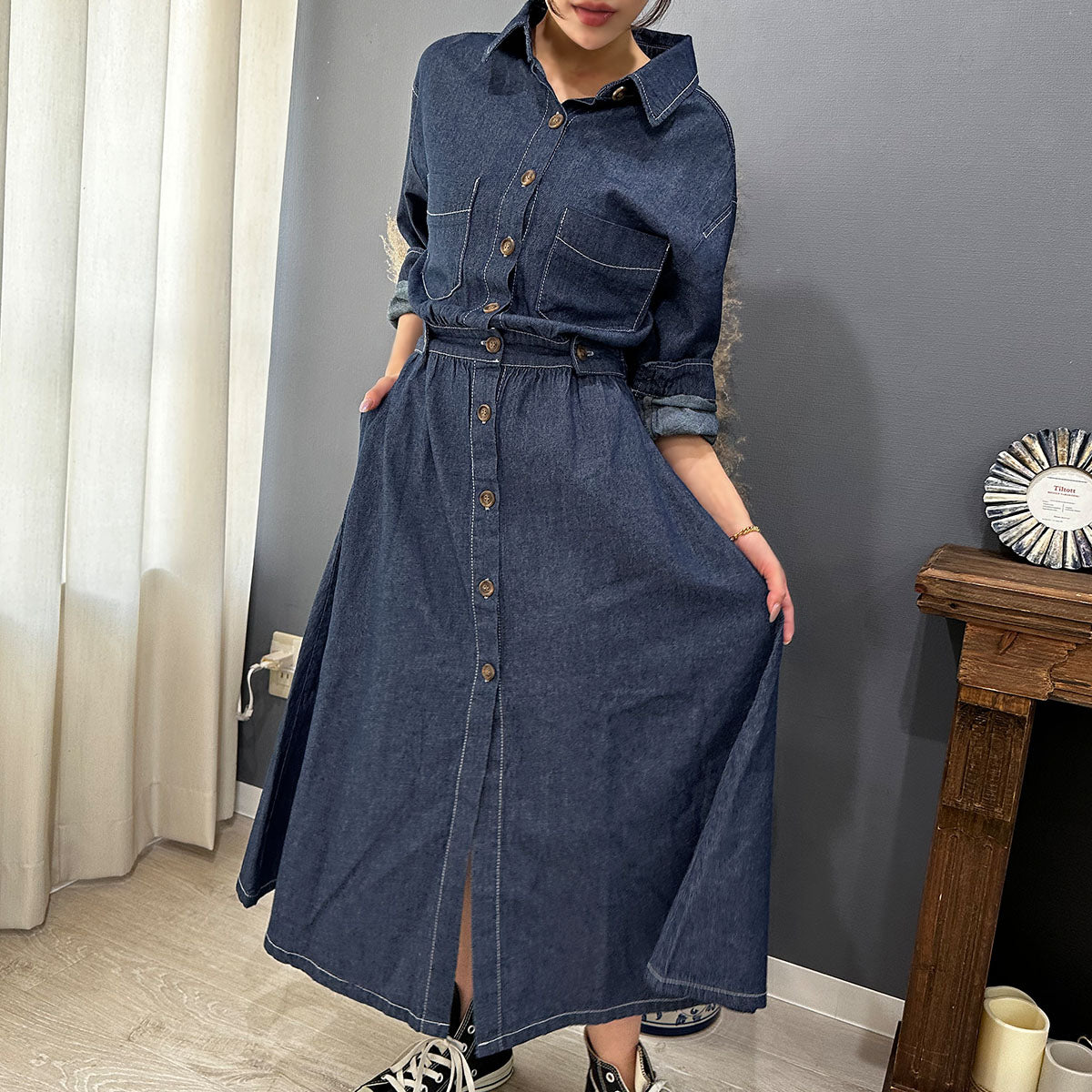 Private Beach Privatebeach Waist-marked denim shirt long dress