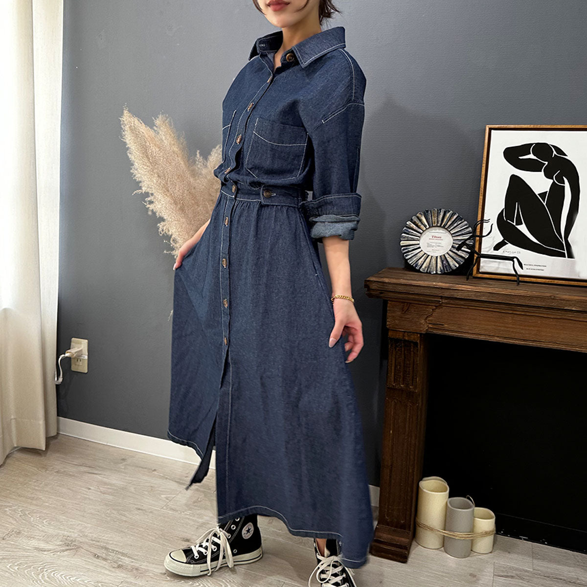 Private Beach Privatebeach Waist-marked denim shirt long dress