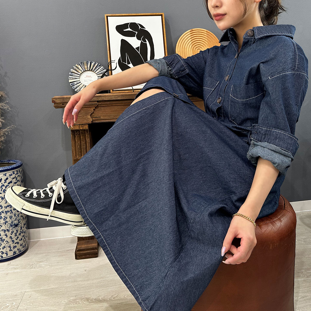 Private Beach Privatebeach Waist-marked denim shirt long dress