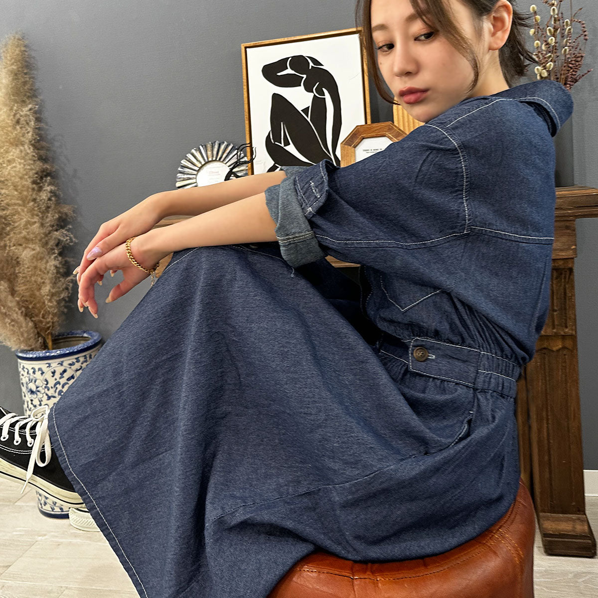 Private Beach Privatebeach Waist-marked denim shirt long dress