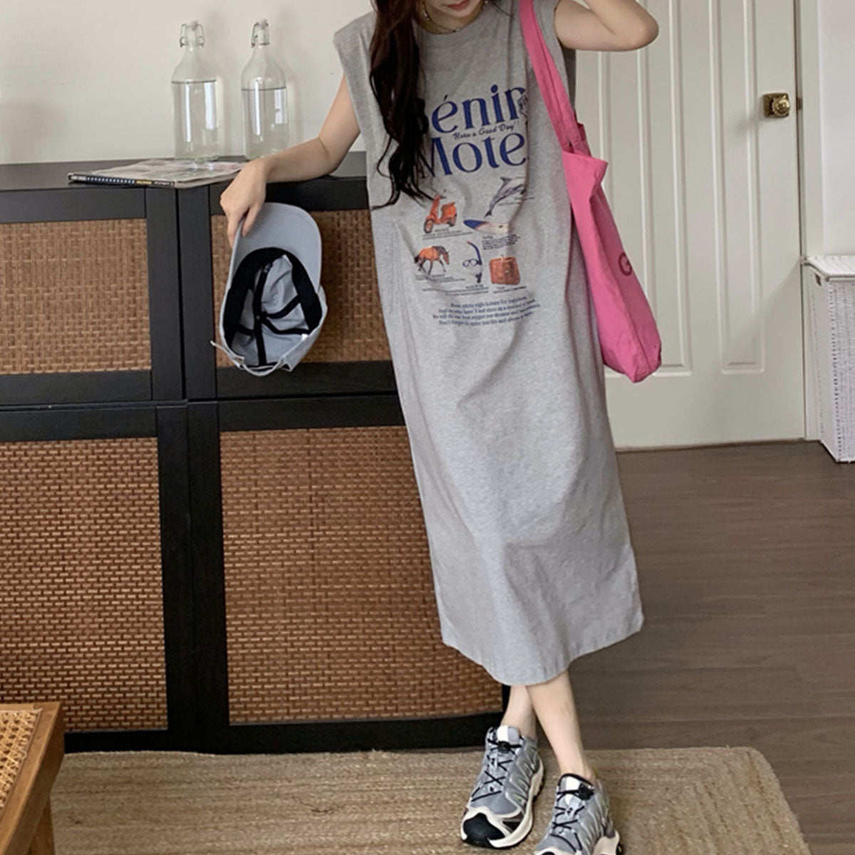Private Beach privatebeach Logo Print French Sleeve T-Shirt Dress
