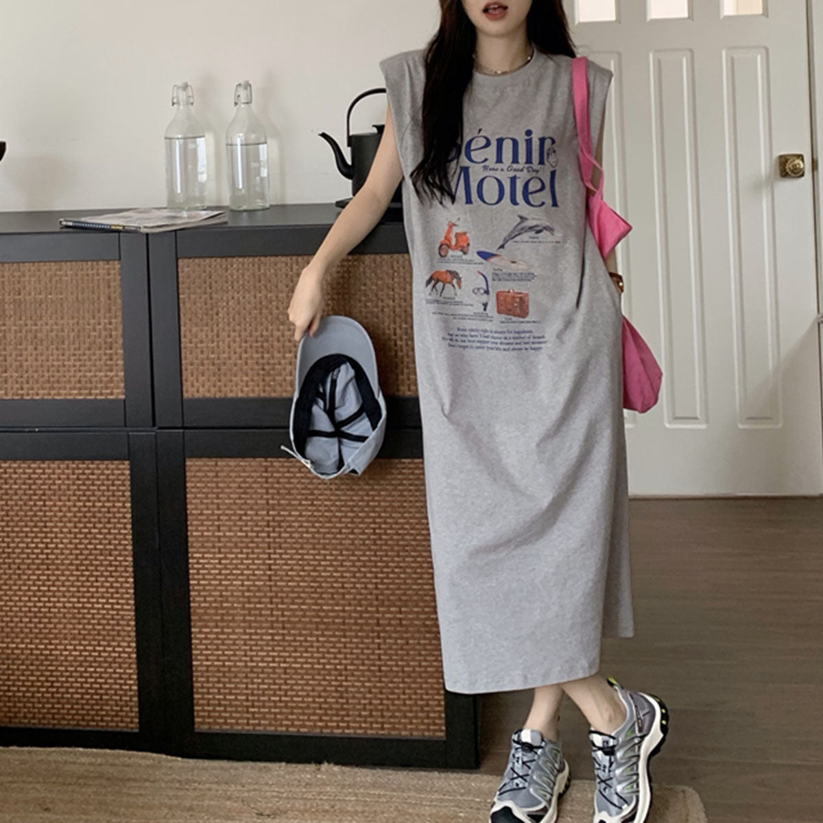 Private Beach privatebeach Logo Print French Sleeve T-Shirt Dress