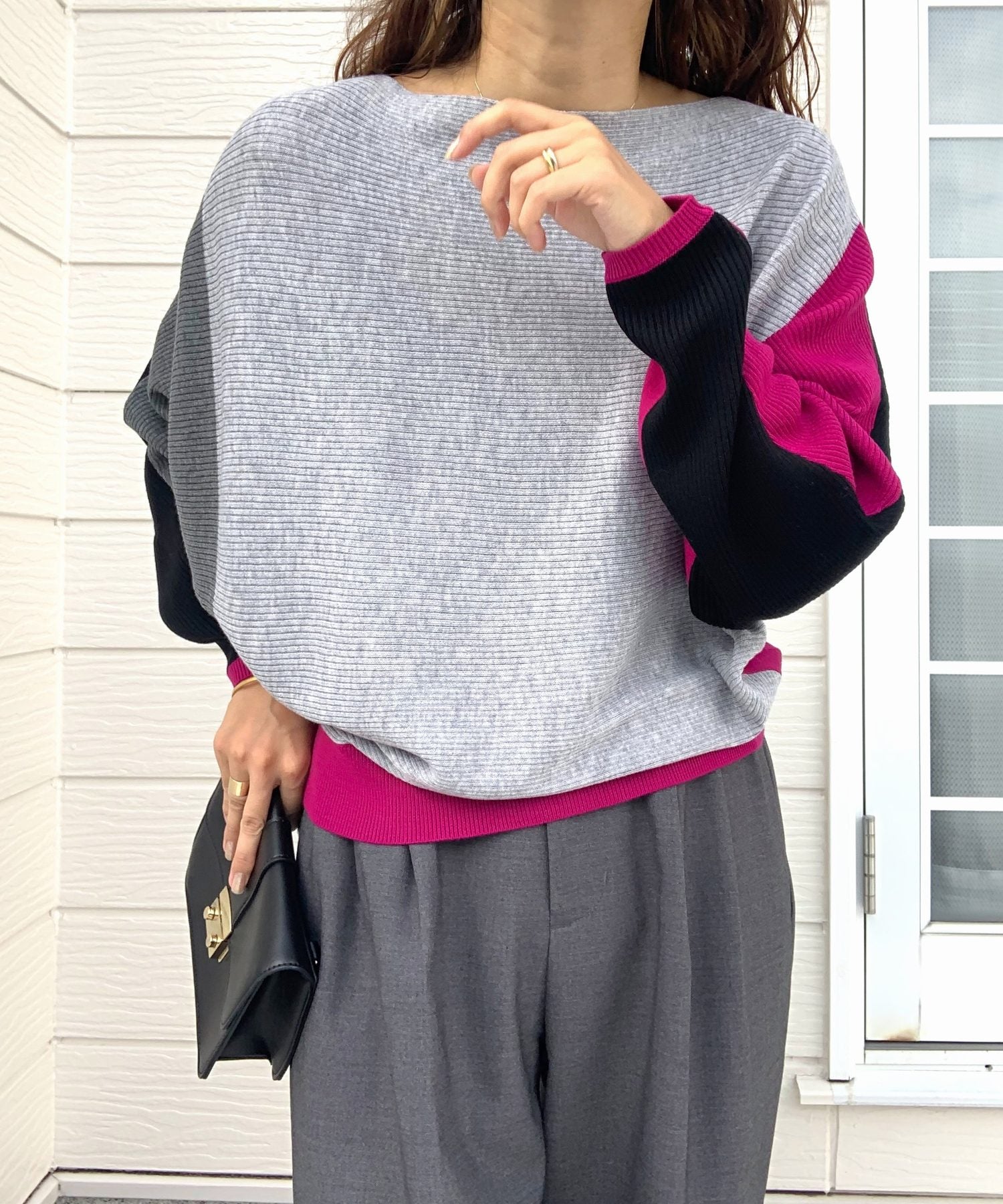 キュー Q ブロックカラー横リブドルマンニット