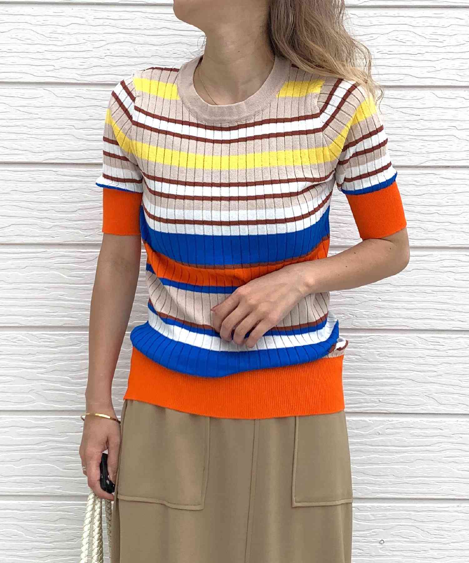 キュー Q マルチボーダーリブニット （オレンジ系） オレンジ系